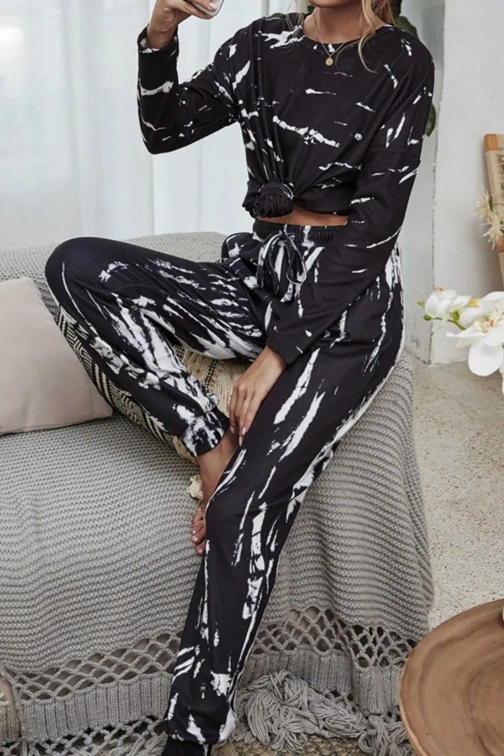 Explore More Collection - Tie-Dye Round Neck Top and Drawstring Waist Joggers Lounge Set