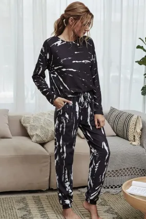 Explore More Collection - Tie-Dye Round Neck Top and Drawstring Waist Joggers Lounge Set