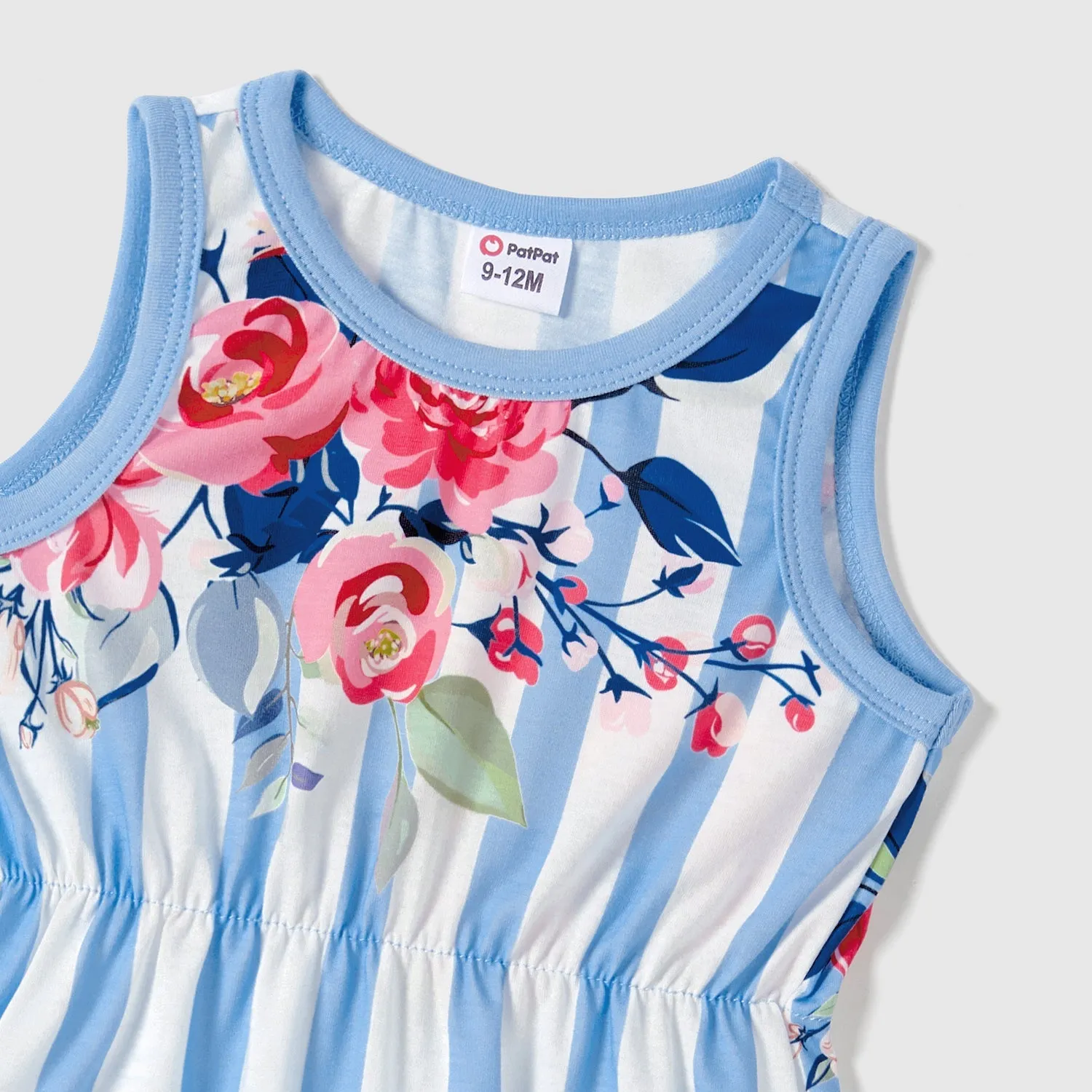 Family Matching Floral Stripe Print Belted Slip Dresses and Striped Color Block T-shirts Sets