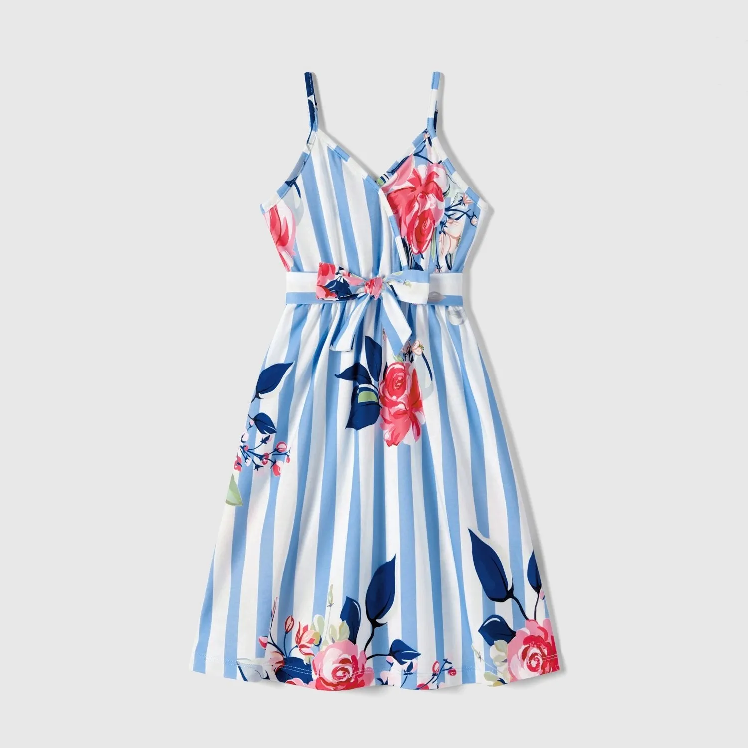 Family Matching Floral Stripe Print Belted Slip Dresses and Striped Color Block T-shirts Sets