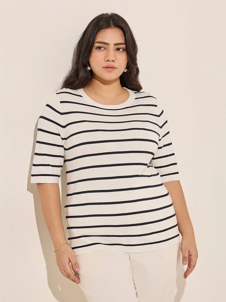 Gia Off-White Striped Knit-Textured Cotton Top