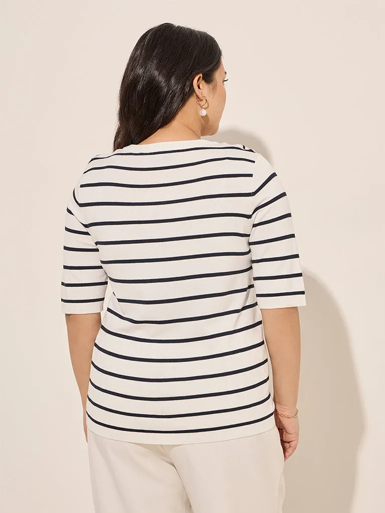 Gia Off-White Striped Knit-Textured Cotton Top