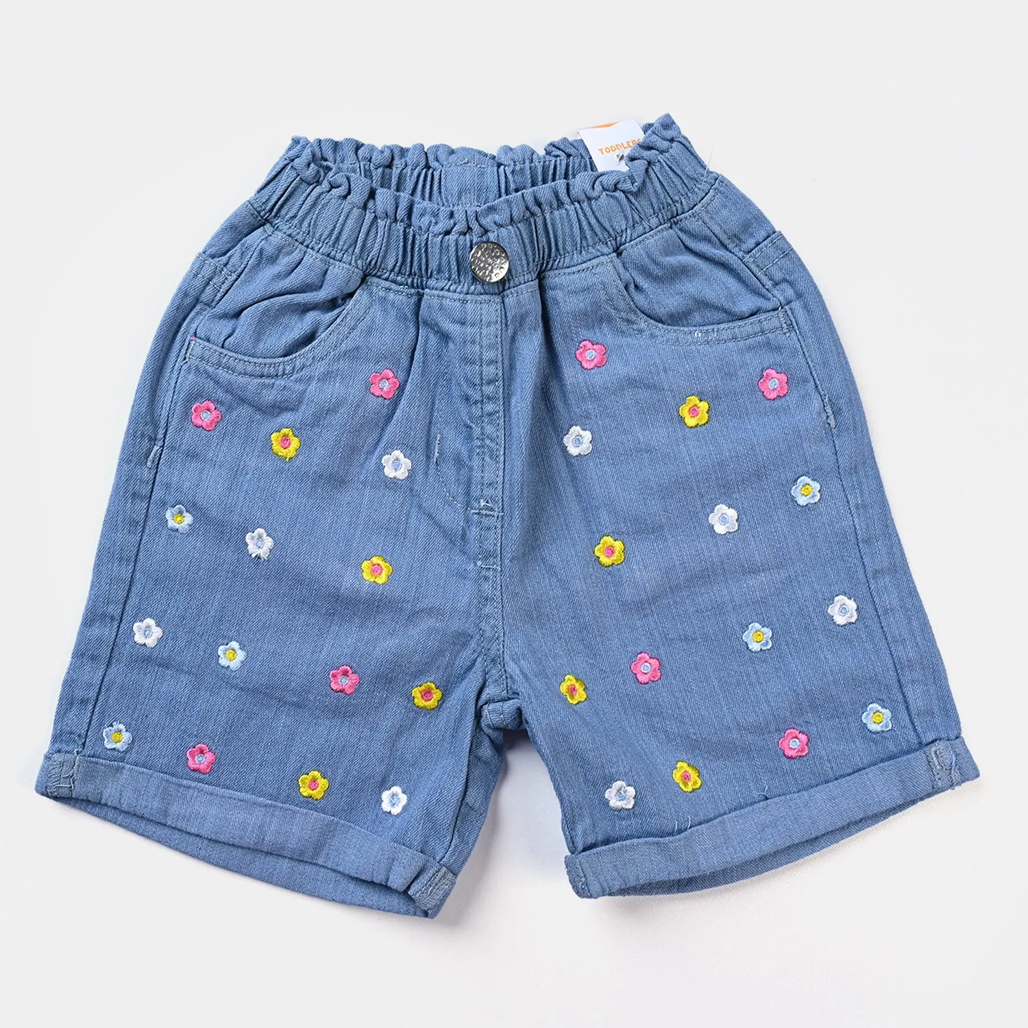 Girls Denim rigid Shorts Floral Emb-LIGHT BLUE