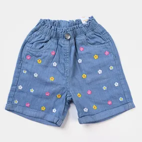 Girls Denim rigid Shorts Floral Emb-LIGHT BLUE