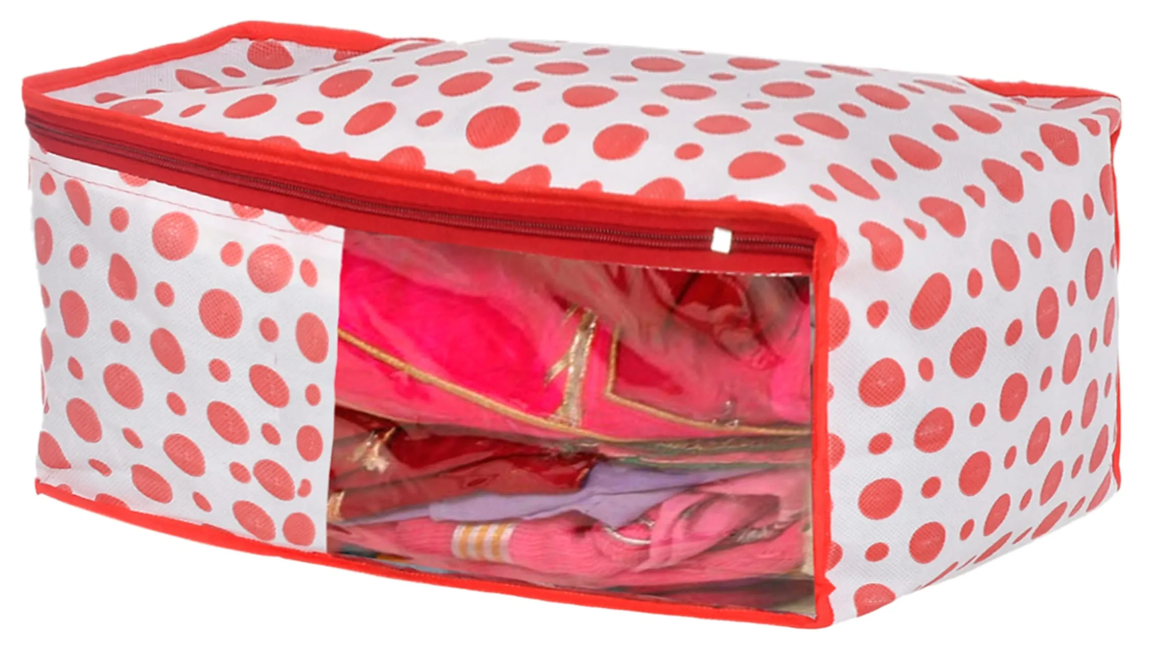 Heart Home Dot Printed Foldable, Lightweight Non-Woven Blouse & Saree Cover/Organizer Set With Tranasparent Window- Pack of 6 (Pink)-46HH0475