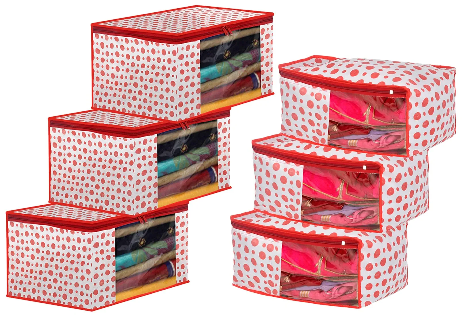 Heart Home Dot Printed Foldable, Lightweight Non-Woven Blouse & Saree Cover/Organizer Set With Tranasparent Window- Pack of 6 (Pink)-46HH0475