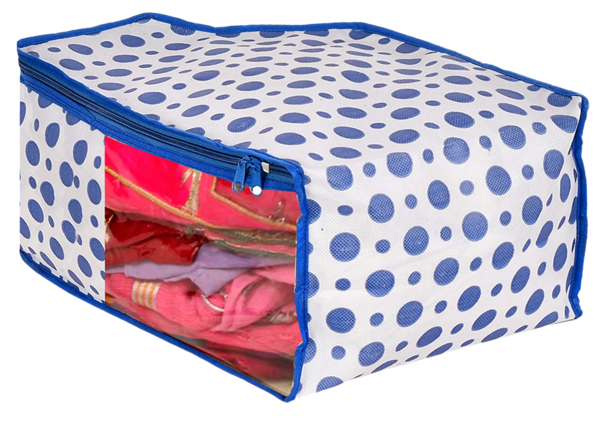 Heart Home Dot Printed Non-Woven Blouse Cover, Cloth Organizer, Wardrobe Organiser With Tranasparent Window- Pack of 6 (Blue & Pink)-46HH0316