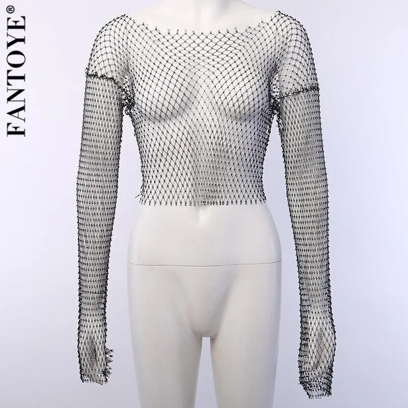 Joskaa See Through Crystal Diamond Fishnet Top Women Sexy Hollow Out Summer Beachwear Party Tops Shiny Short Tees Club Top 2024