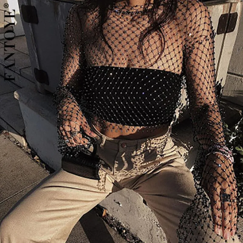 Joskaa See Through Crystal Diamond Fishnet Top Women Sexy Hollow Out Summer Beachwear Party Tops Shiny Short Tees Club Top 2024