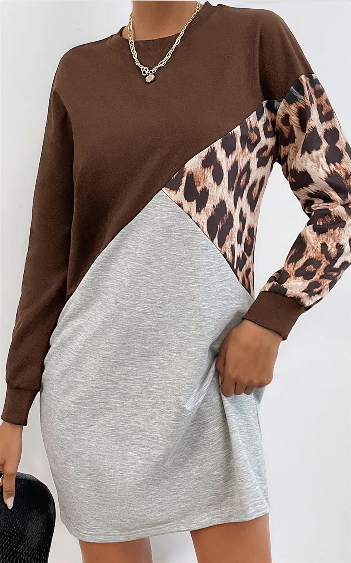 Leopard Print Relaxed Colour Block Top Dress In Brown & Grey