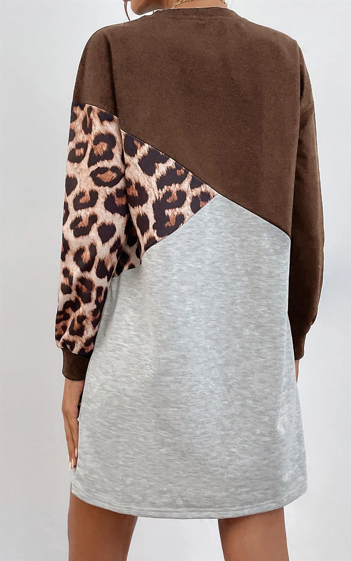 Leopard Print Relaxed Colour Block Top Dress In Brown & Grey