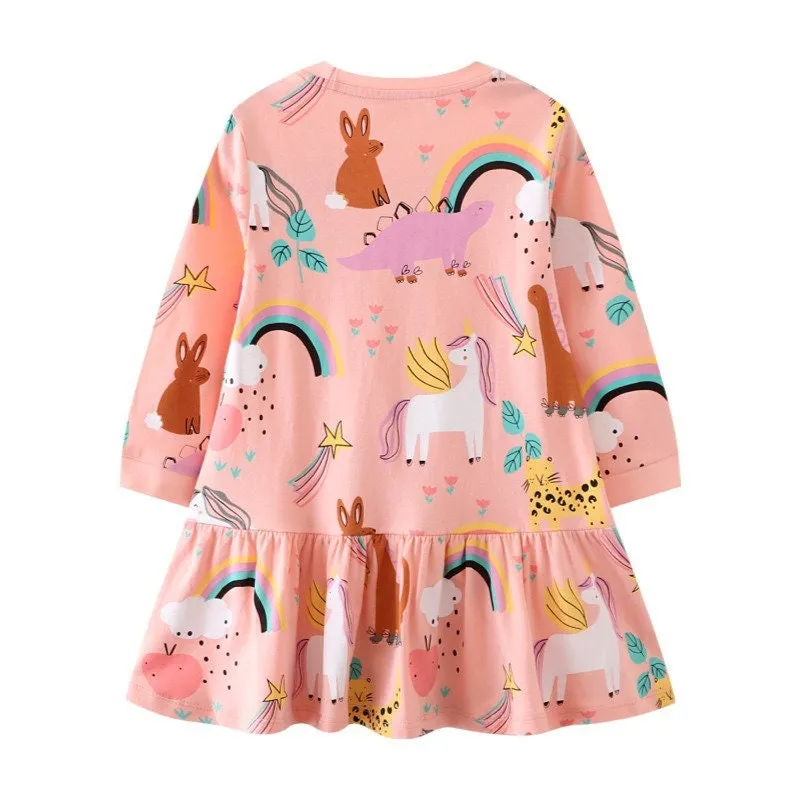 Long Sleeve Rainbow Unicorn Girls Dress