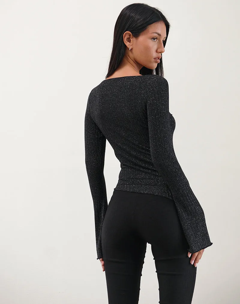 Lukia Long Sleeve Top in Metallic Stripe Jersey Black