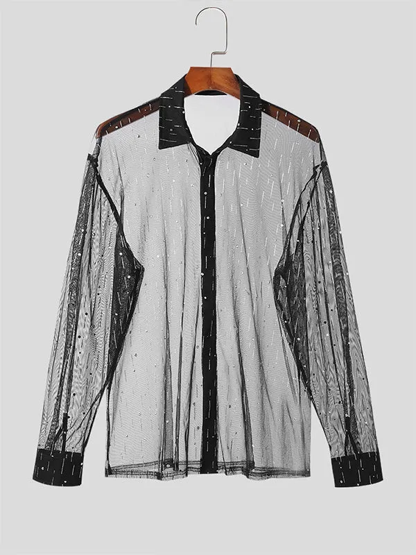 Mens Glitter See Through Long Sleeve Shirt SKUK61551