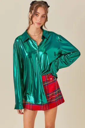 Metallic Green Shiny Metallic Fabric Button Down