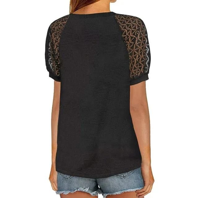 MOSHU V-Neck Blouses for Women Lace Short Sleeve Shirts Women Tops