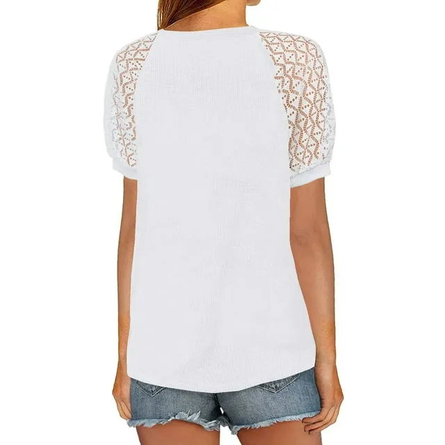 MOSHU V-Neck Blouses for Women Lace Short Sleeve Shirts Women Tops