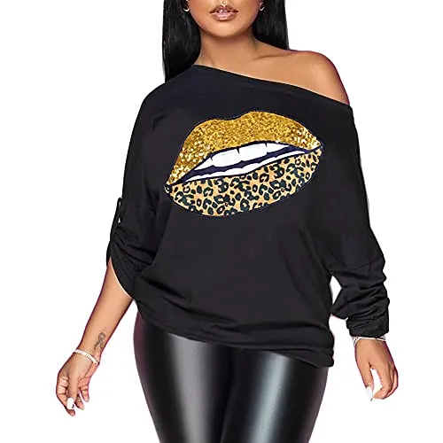 Off The Shoulder Tops for Women Sexy Long Sleeves Gold Sequin Leopard Lips Shirt Tops Black S