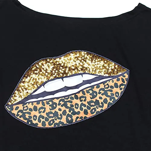 Off The Shoulder Tops for Women Sexy Long Sleeves Gold Sequin Leopard Lips Shirt Tops Black S