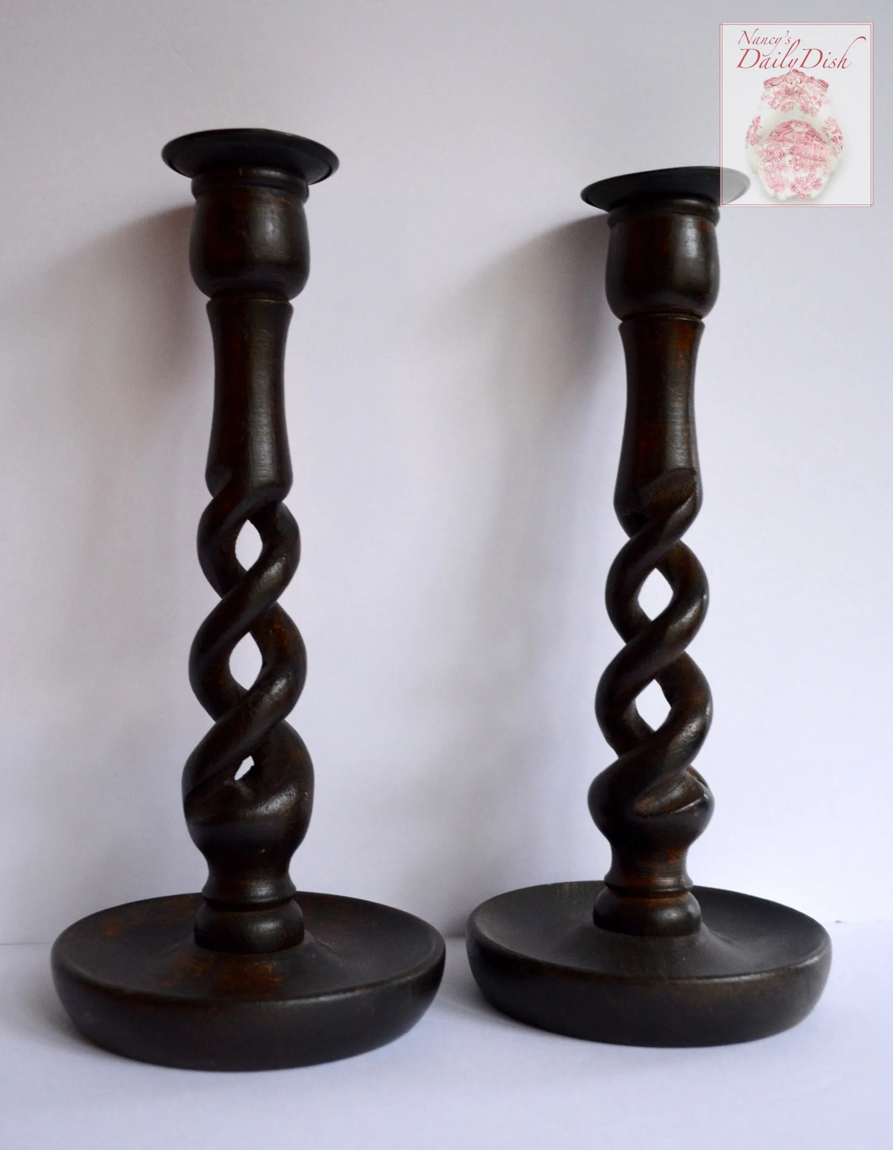 Pair of 19th Century Antique English Victorian Dark Wood Wooden OPEN Barley Twist Candlestick (s)