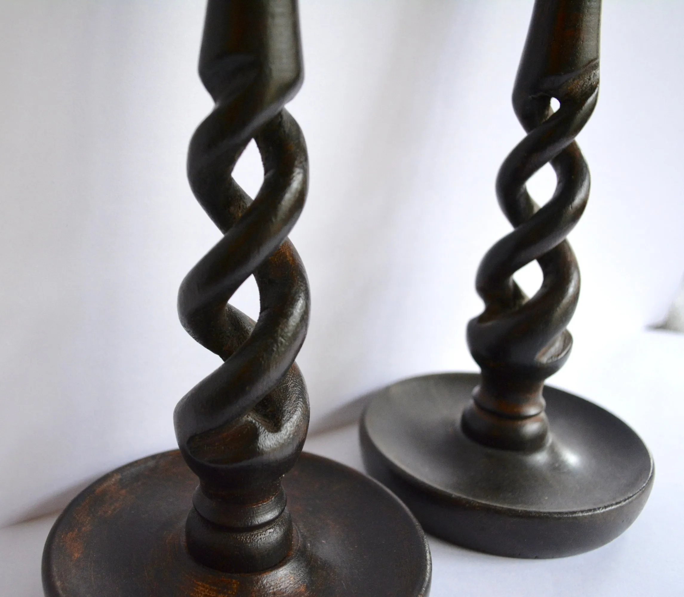 Pair of 19th Century Antique English Victorian Dark Wood Wooden OPEN Barley Twist Candlestick (s)