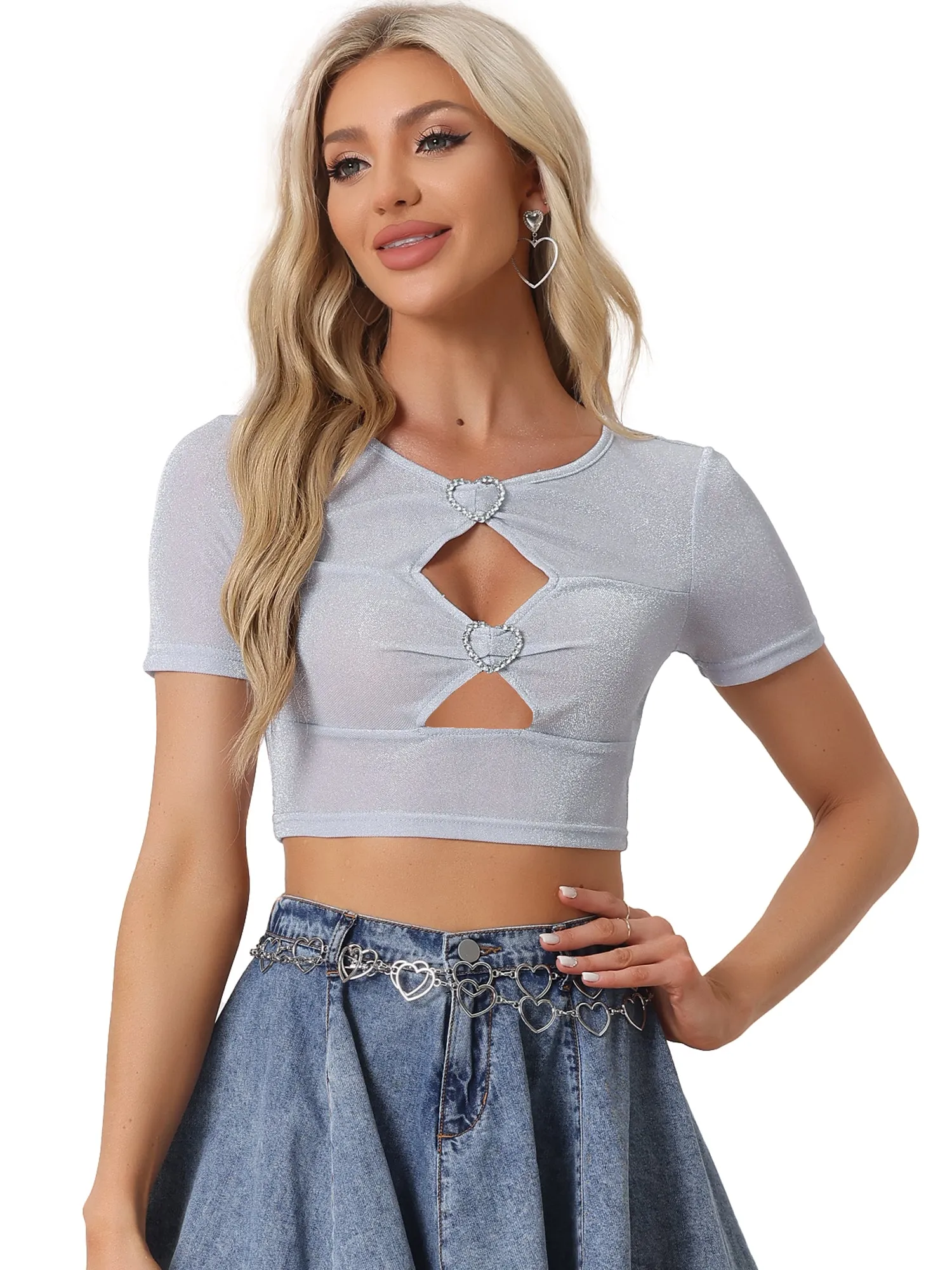 Party Glitter Shiny Short Sleeves Cut Out Crop Tops