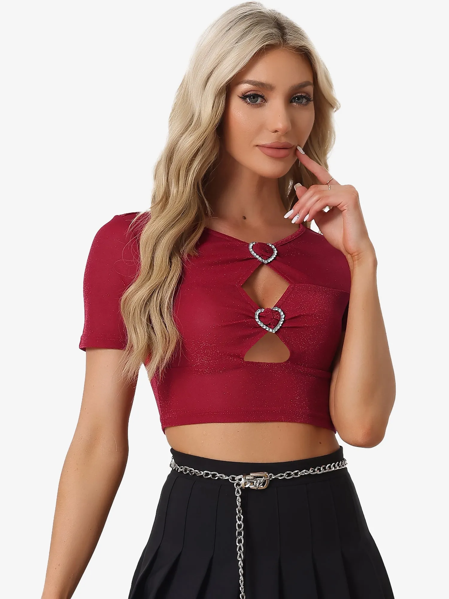 Party Glitter Shiny Short Sleeves Cut Out Crop Tops