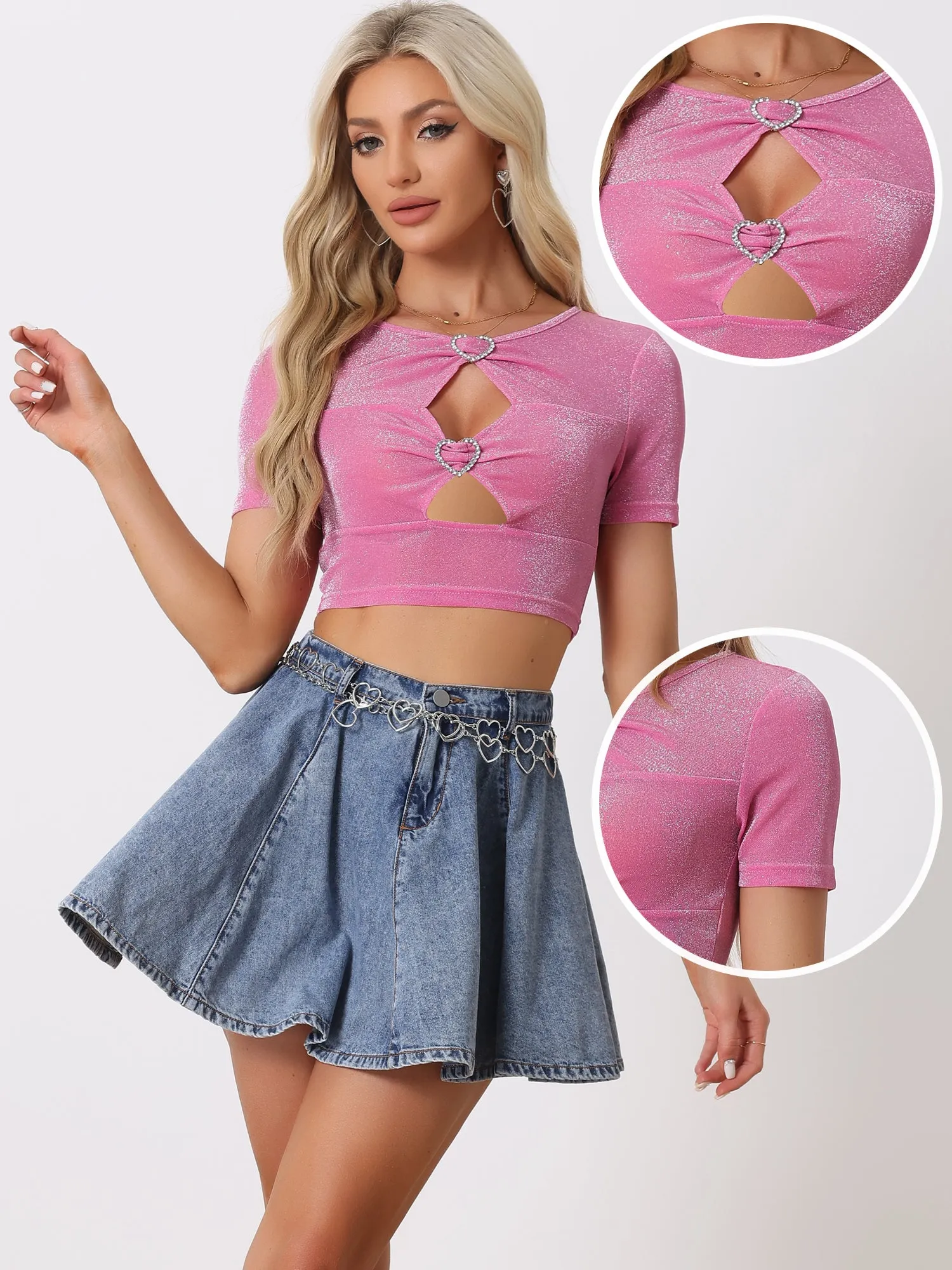 Party Glitter Shiny Short Sleeves Cut Out Crop Tops