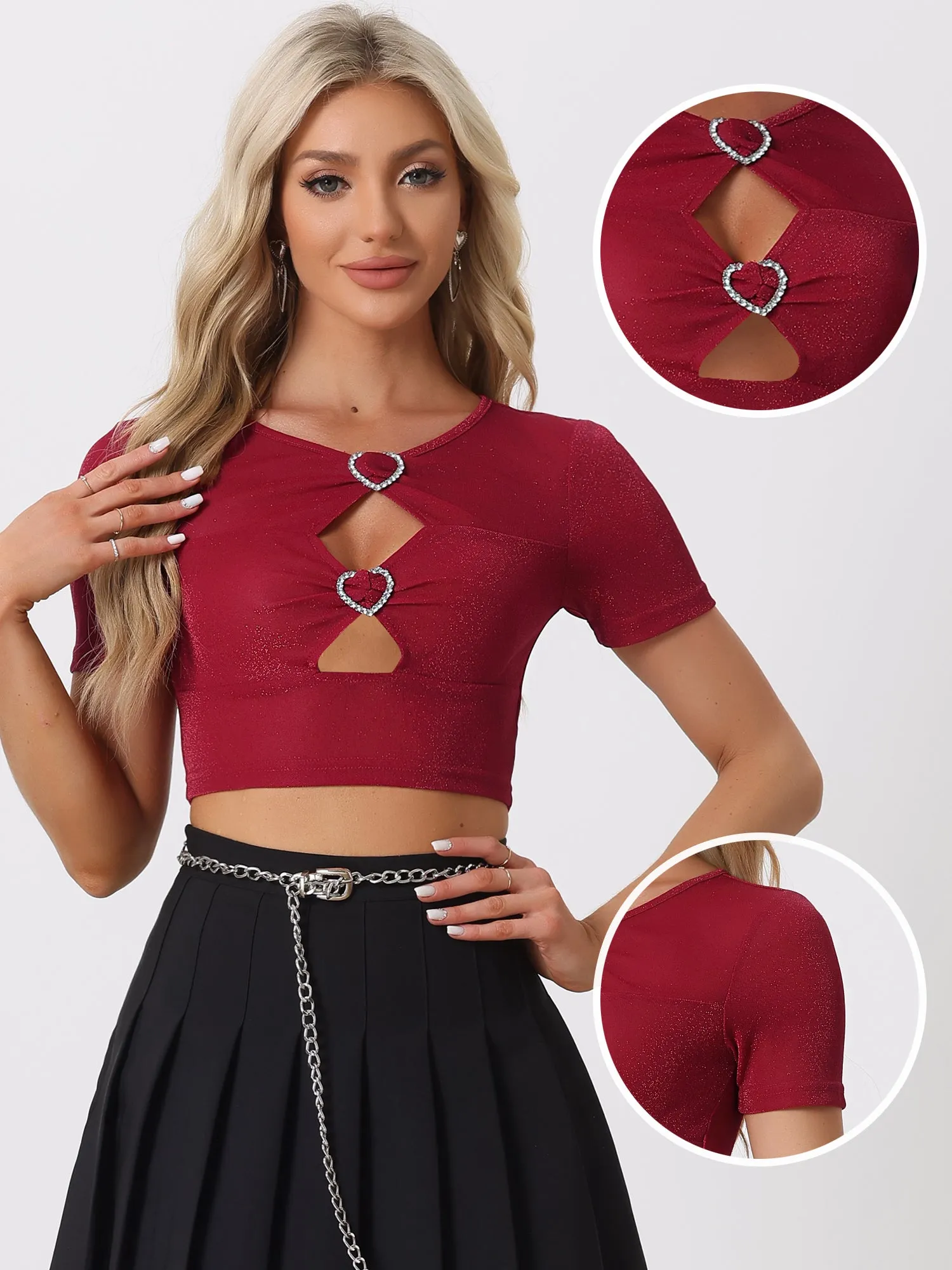 Party Glitter Shiny Short Sleeves Cut Out Crop Tops