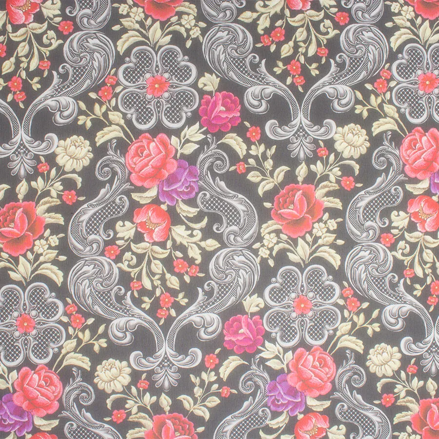 Red & Purple Floral Printed Black Silk Georgette