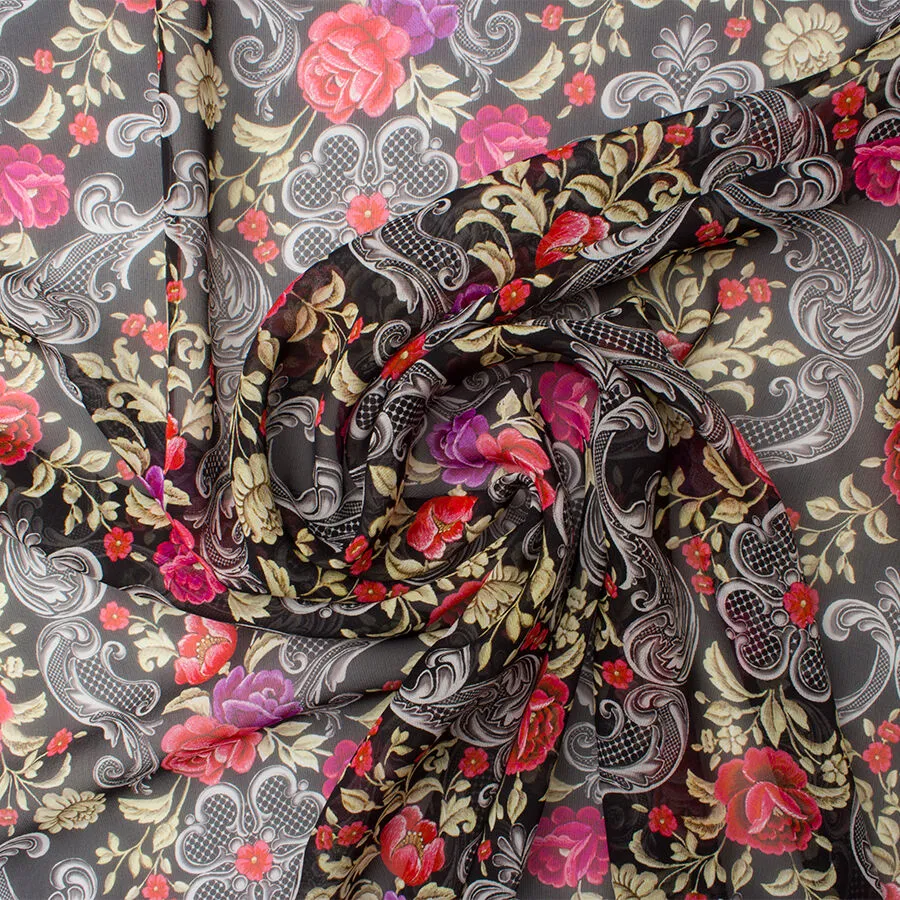 Red & Purple Floral Printed Black Silk Georgette