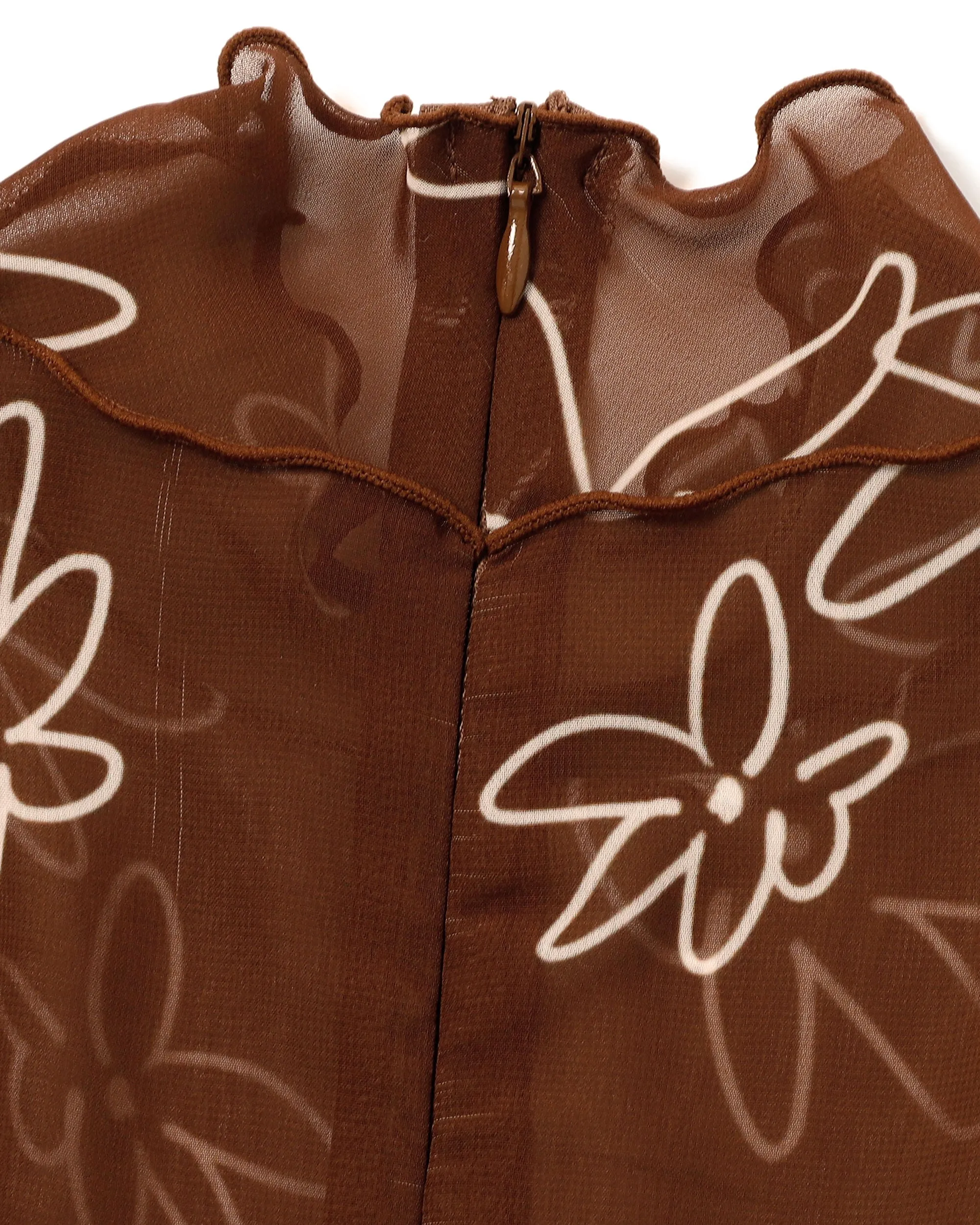 Rough paint brown flower chiffon see-through tops