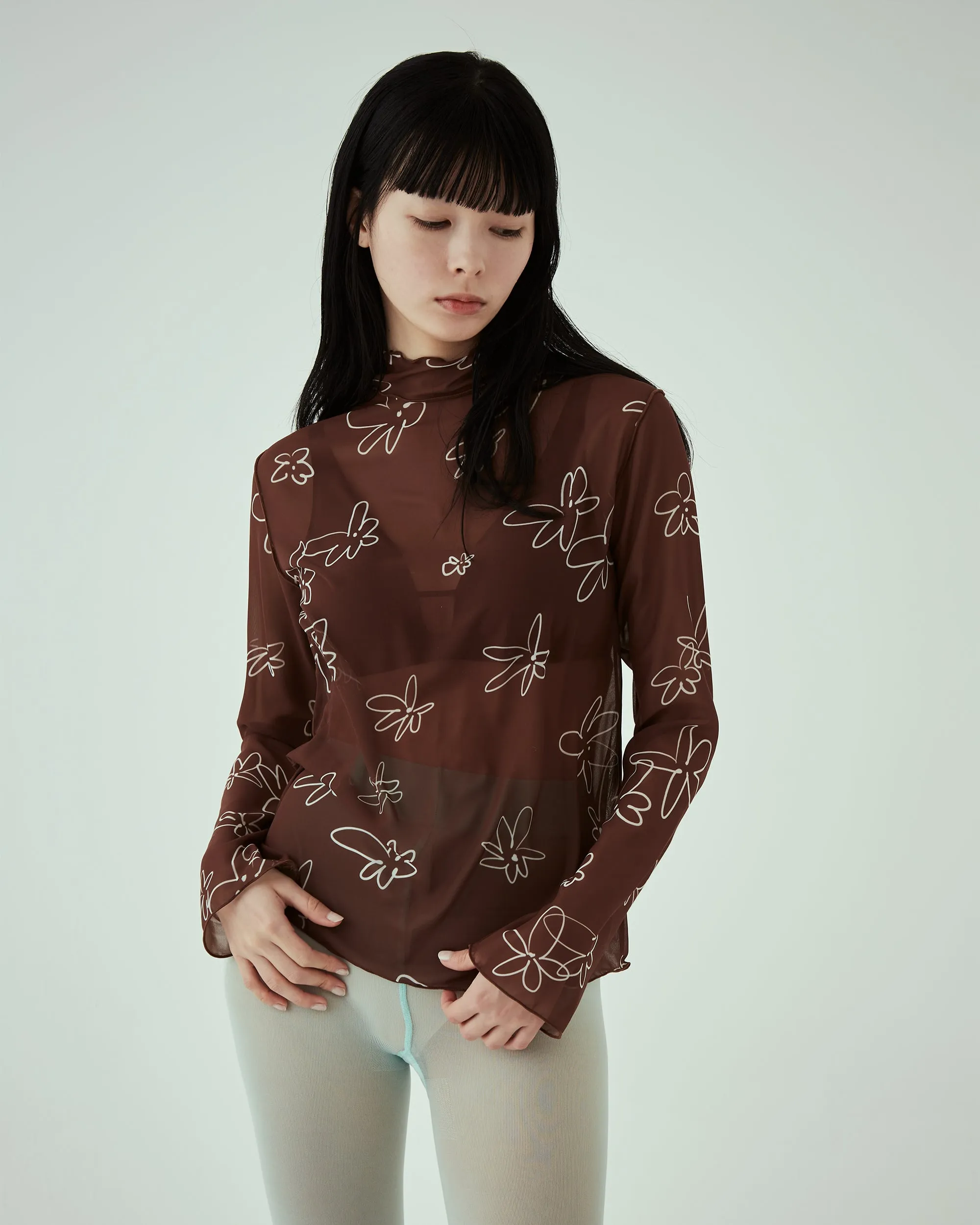 Rough paint brown flower chiffon see-through tops