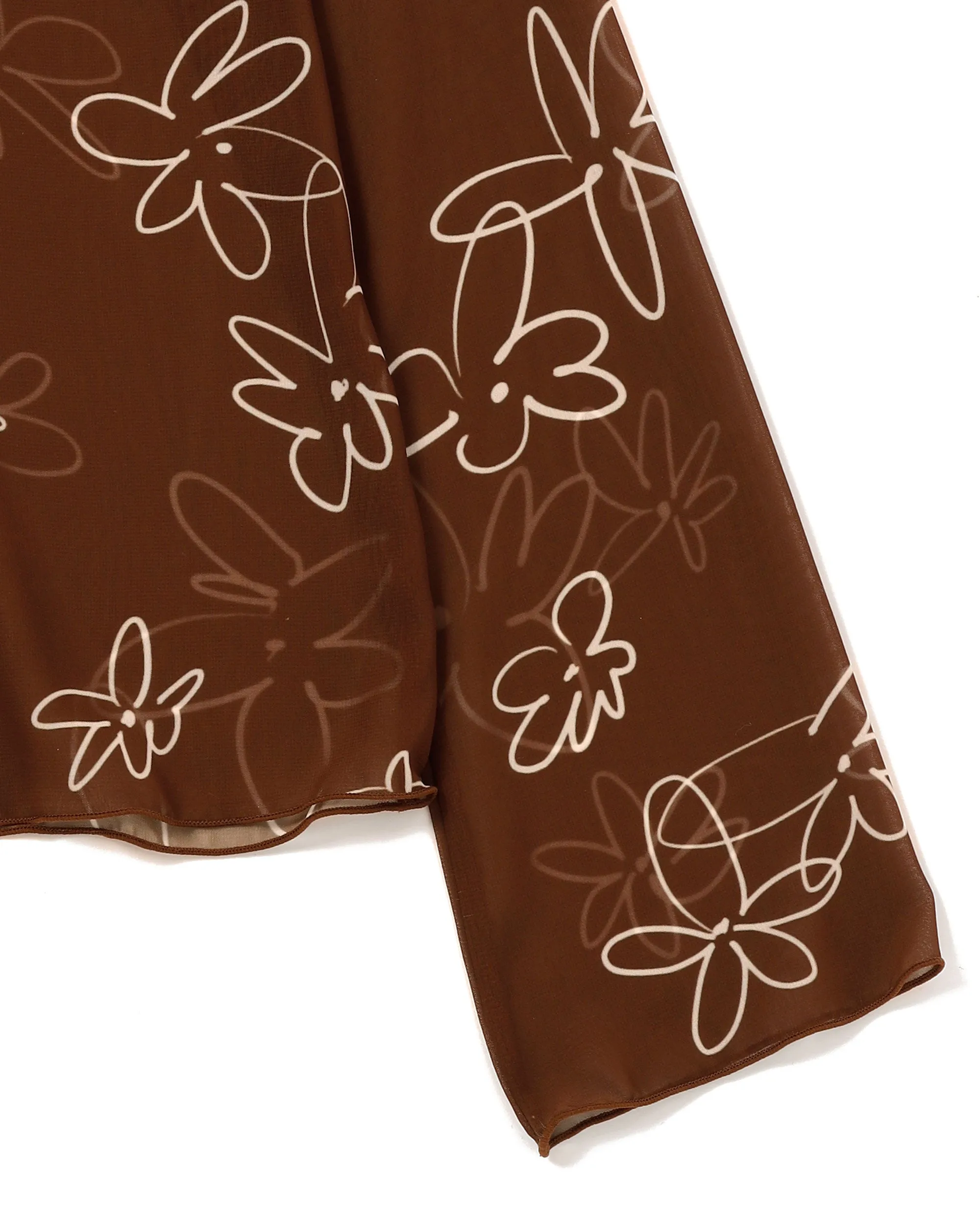 Rough paint brown flower chiffon see-through tops