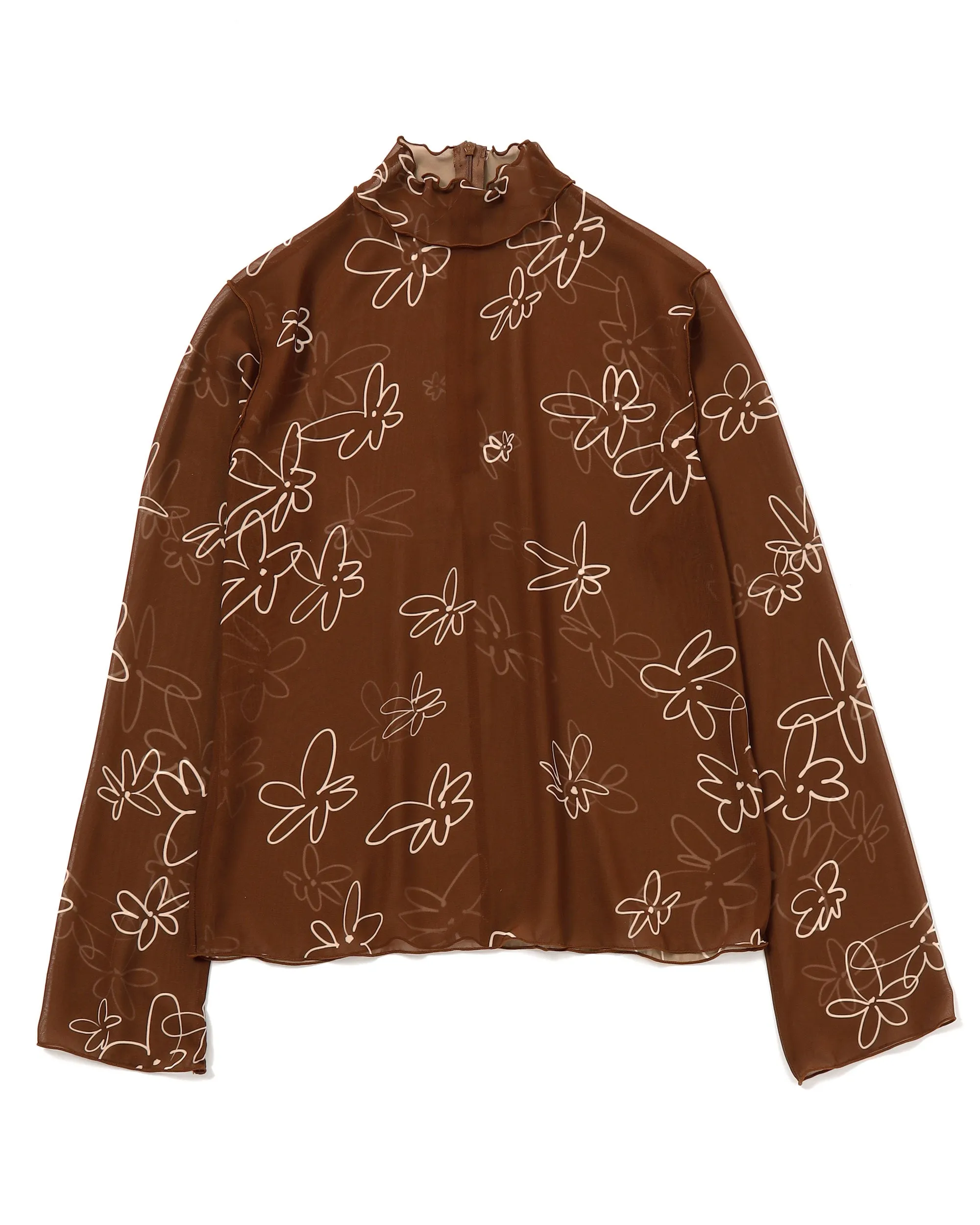 Rough paint brown flower chiffon see-through tops