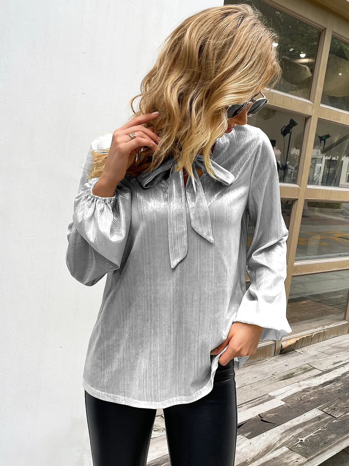 Shiny Metallic-Like Blouse Long Sleeve V-Neck Bow-knot Decorated Tops