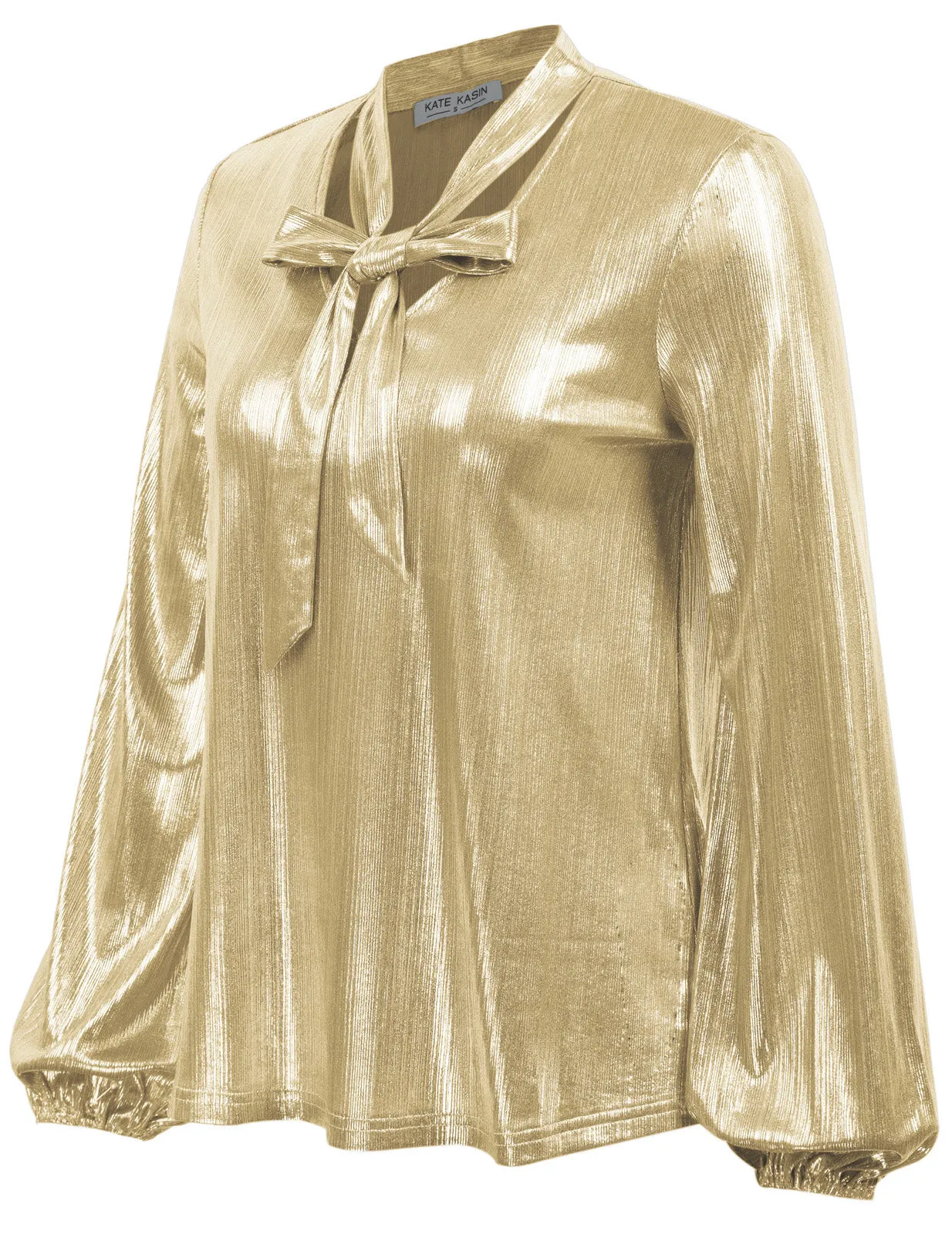 Shiny Metallic-Like Blouse Long Sleeve V-Neck Bow-knot Decorated Tops