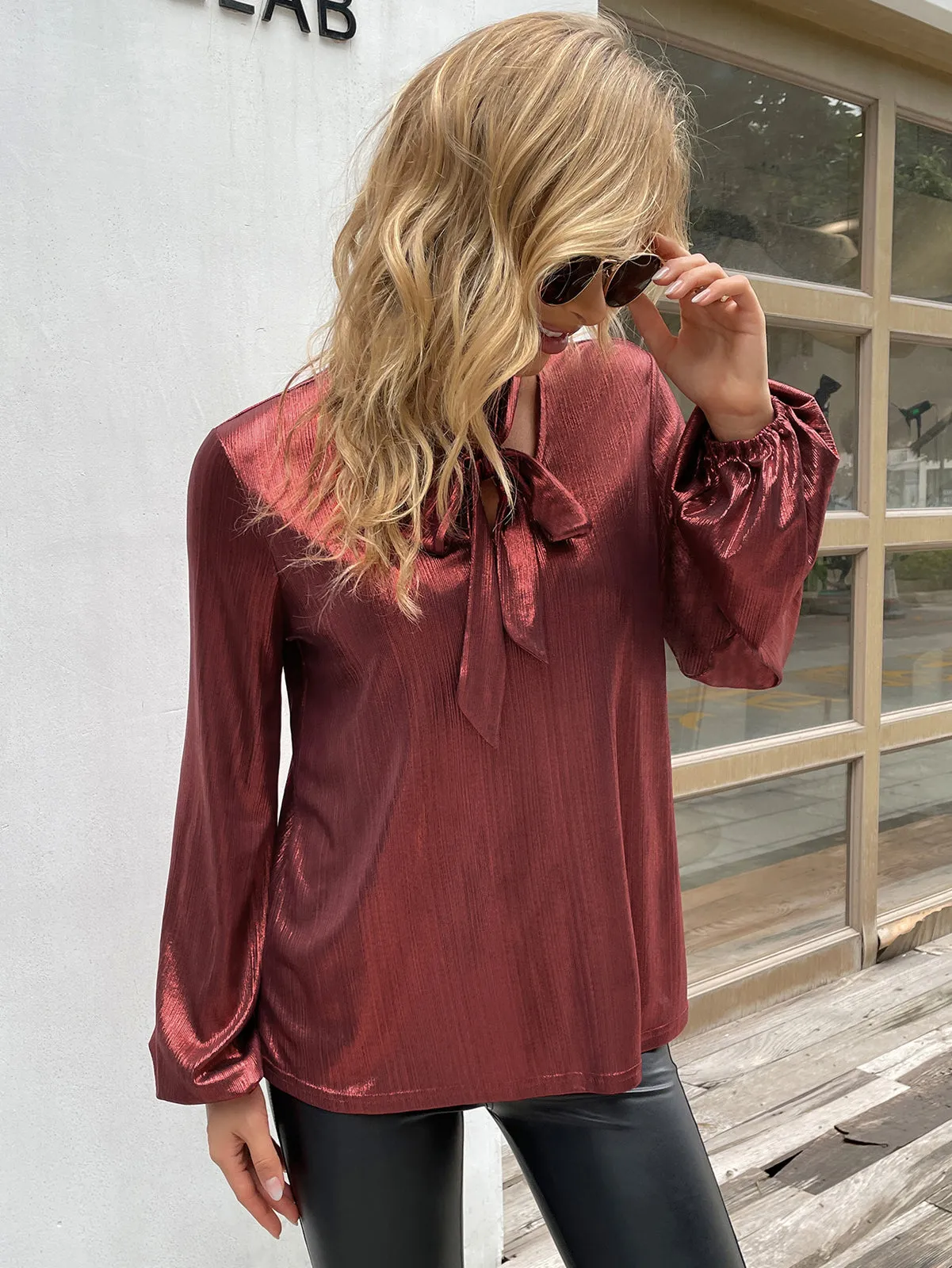 Shiny Metallic-Like Blouse Long Sleeve V-Neck Bow-knot Decorated Tops