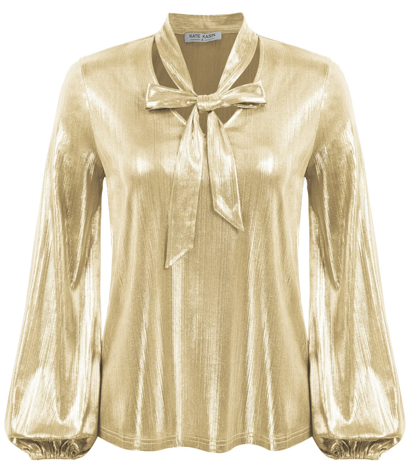 Shiny Metallic-Like Blouse Long Sleeve V-Neck Bow-knot Decorated Tops