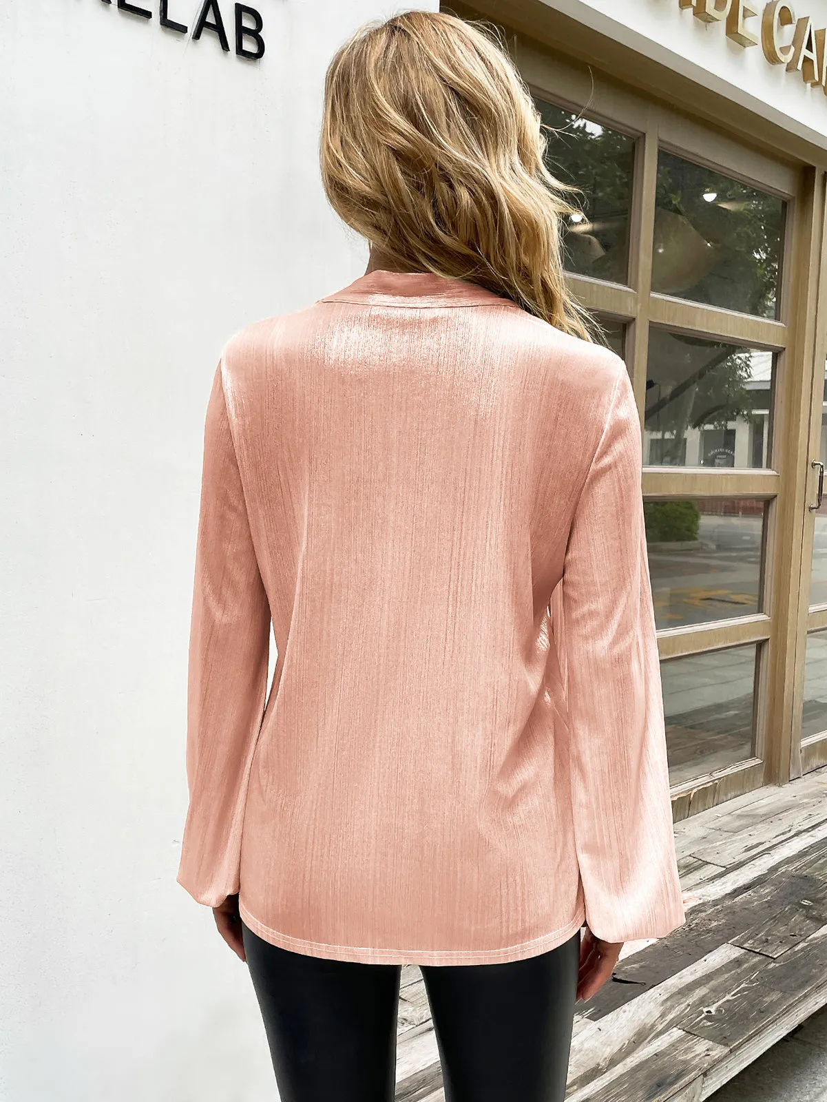 Shiny Metallic-Like Blouse Long Sleeve V-Neck Bow-knot Decorated Tops