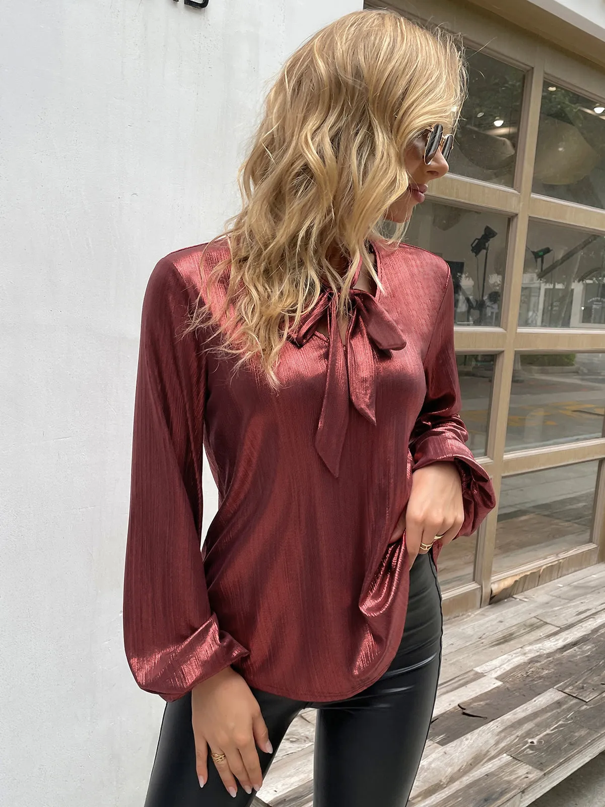 Shiny Metallic-Like Blouse Long Sleeve V-Neck Bow-knot Decorated Tops