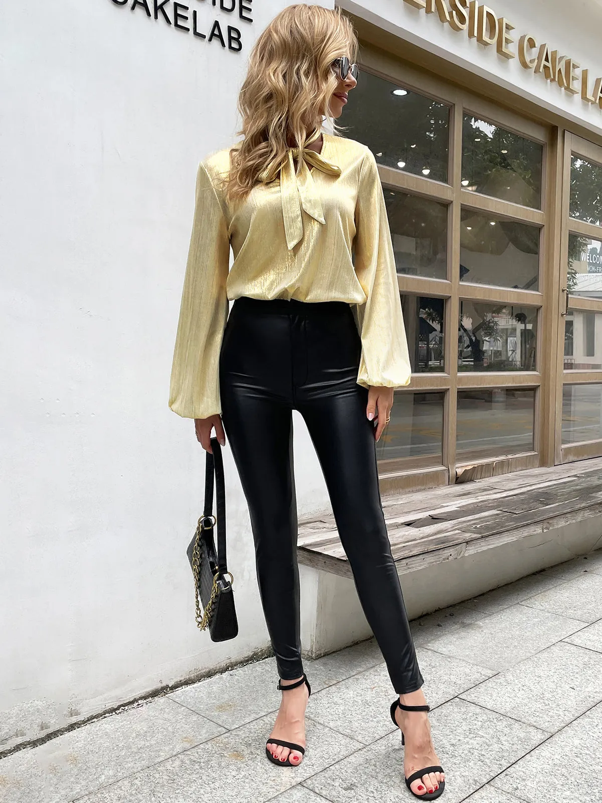 Shiny Metallic-Like Blouse Long Sleeve V-Neck Bow-knot Decorated Tops