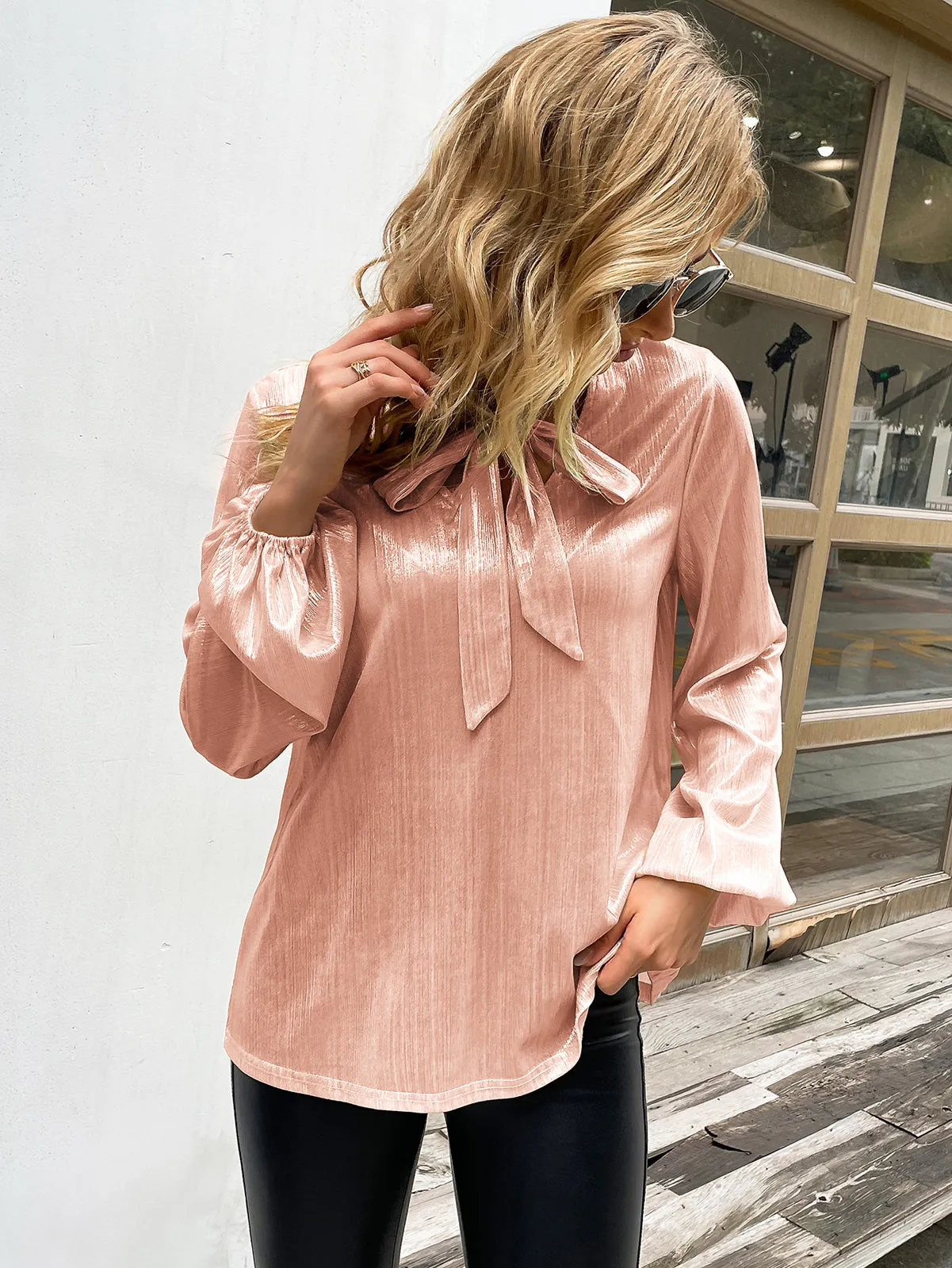 Shiny Metallic-Like Blouse Long Sleeve V-Neck Bow-knot Decorated Tops