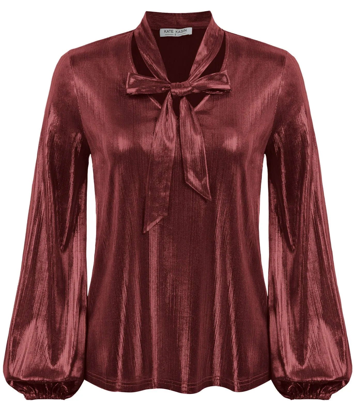 Shiny Metallic-Like Blouse Long Sleeve V-Neck Bow-knot Decorated Tops