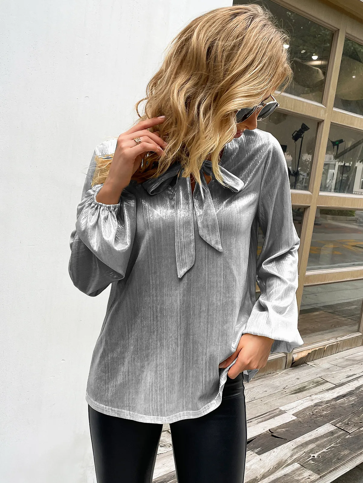 Shiny Metallic-Like Blouse Long Sleeve V-Neck Bow-knot Decorated Tops