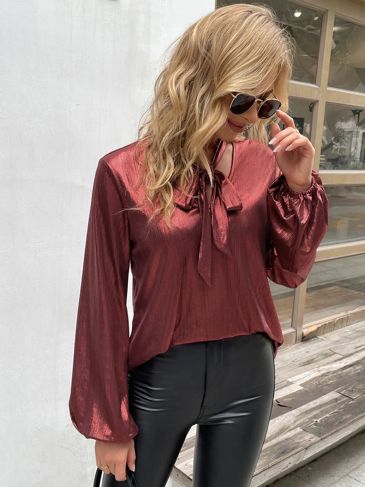 Shiny Metallic-Like Blouse Long Sleeve V-Neck Bow-knot Decorated Tops