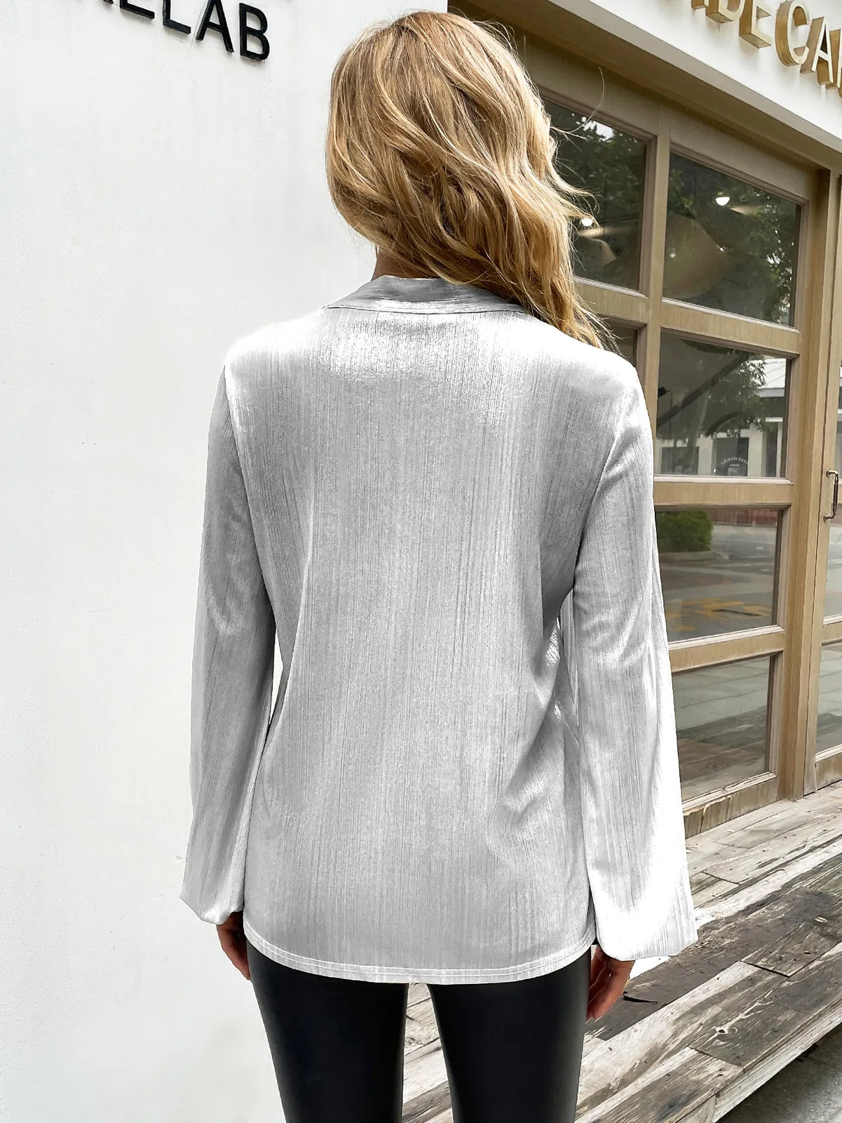 Shiny Metallic-Like Blouse Long Sleeve V-Neck Bow-knot Decorated Tops