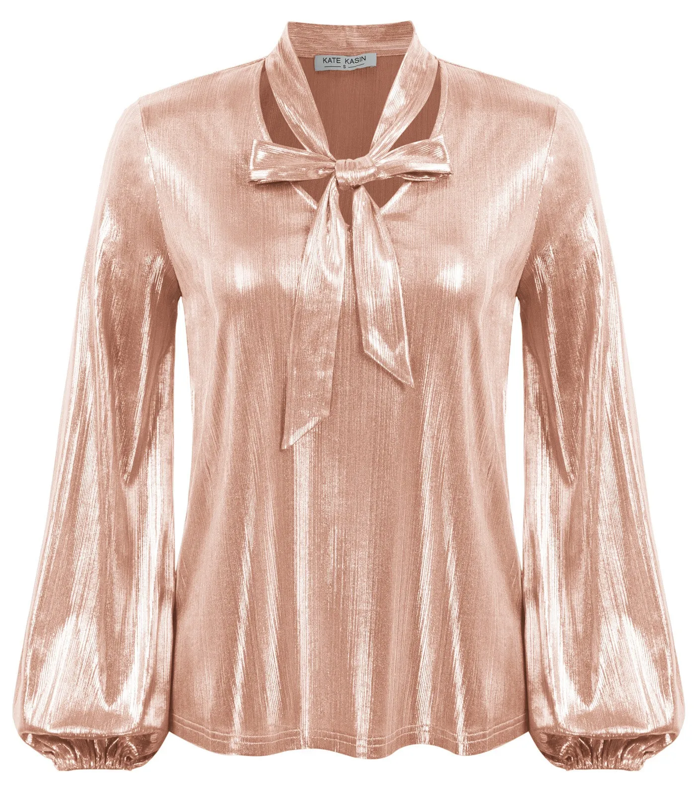 Shiny Metallic-Like Blouse Long Sleeve V-Neck Bow-knot Decorated Tops