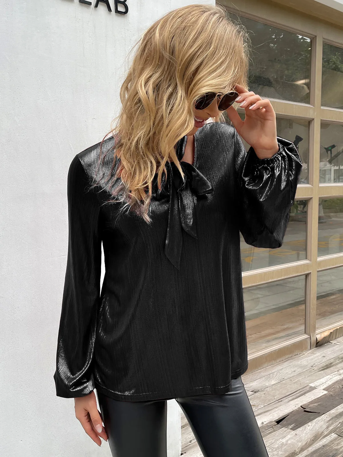 Shiny Metallic-Like Blouse Long Sleeve V-Neck Bow-knot Decorated Tops