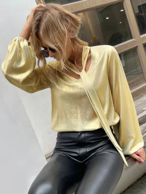 Shiny Metallic-Like Blouse Long Sleeve V-Neck Bow-knot Decorated Tops